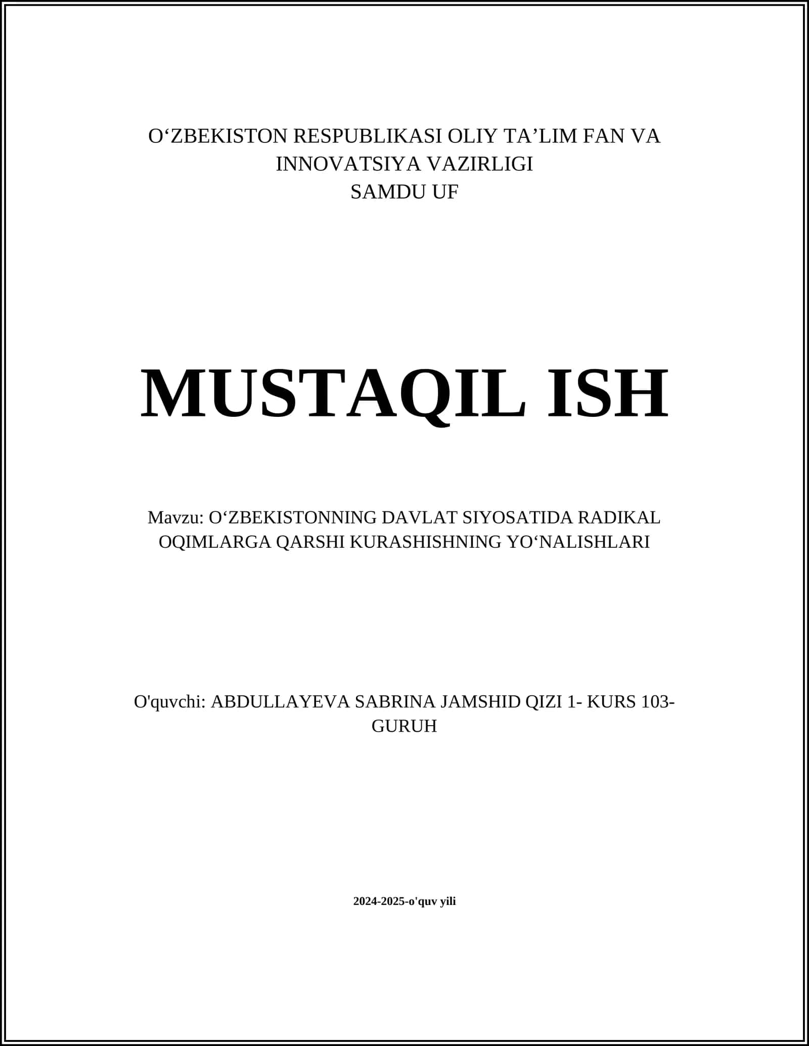 OʻZBEKISTONNING DAVLAT SIYOSATIDA RADIKAL OQIMLARGA QARSHI KURASHISHNING YOʻNALISHLARI 1