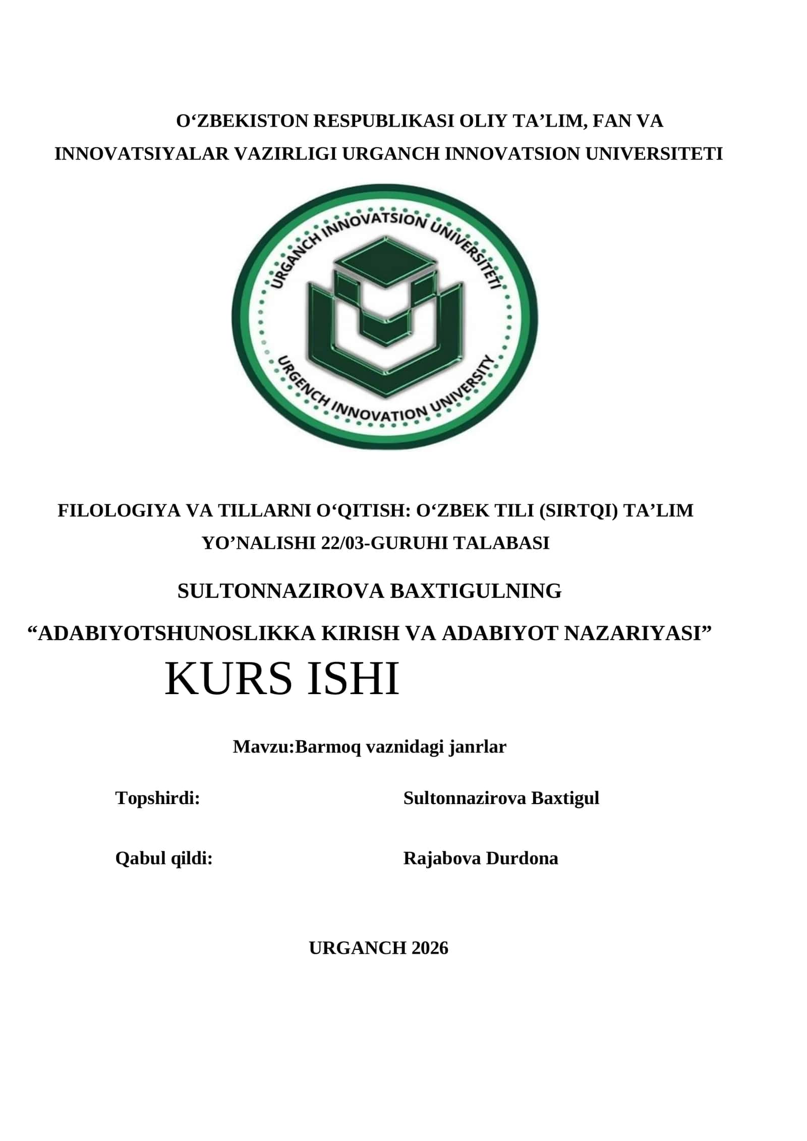 "ADABIYOTSHUNOSLIKKA KIRISH VA ADABIYOT NAZARIYASI" KURS ISHI 1