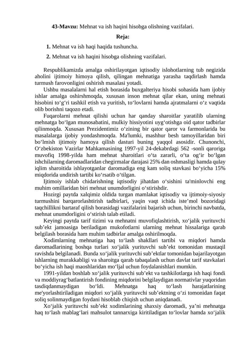 Mehnat va ish haqini hisobga olishning vazifalari 1