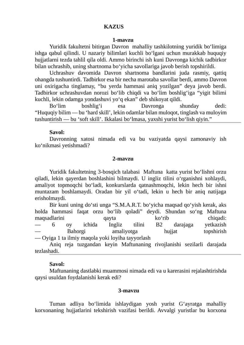 Huquqshunoslik fanidan tuzilgan kazuslar 1