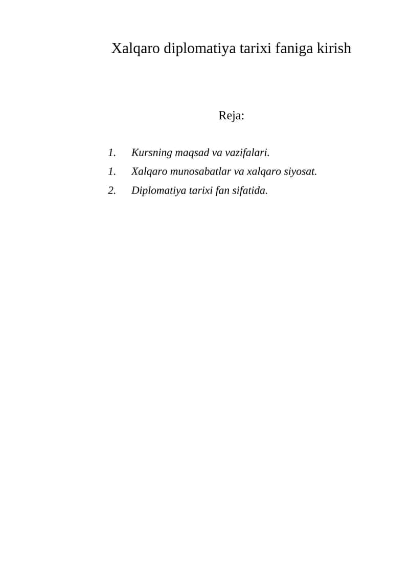 Xalqaro diplomatiya tarixi faniga kirish 1