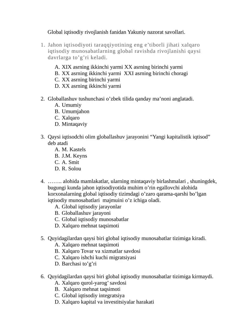 Global iqtisodiy rivojlanish fanidan Yakuniy nazorat savollari 1