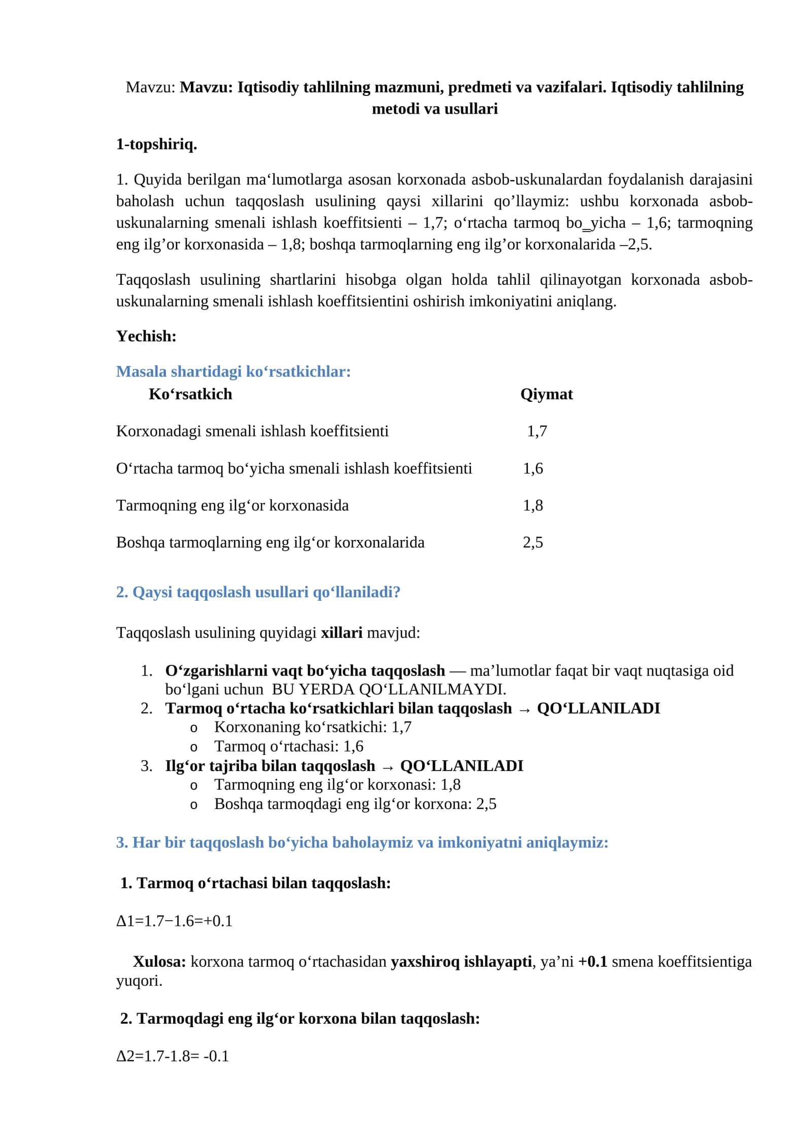 Iqtisodiy tahlilning mazmuni, predmeti va vazifalari. Iqtisodiy tahlilning metodi va usullari 1