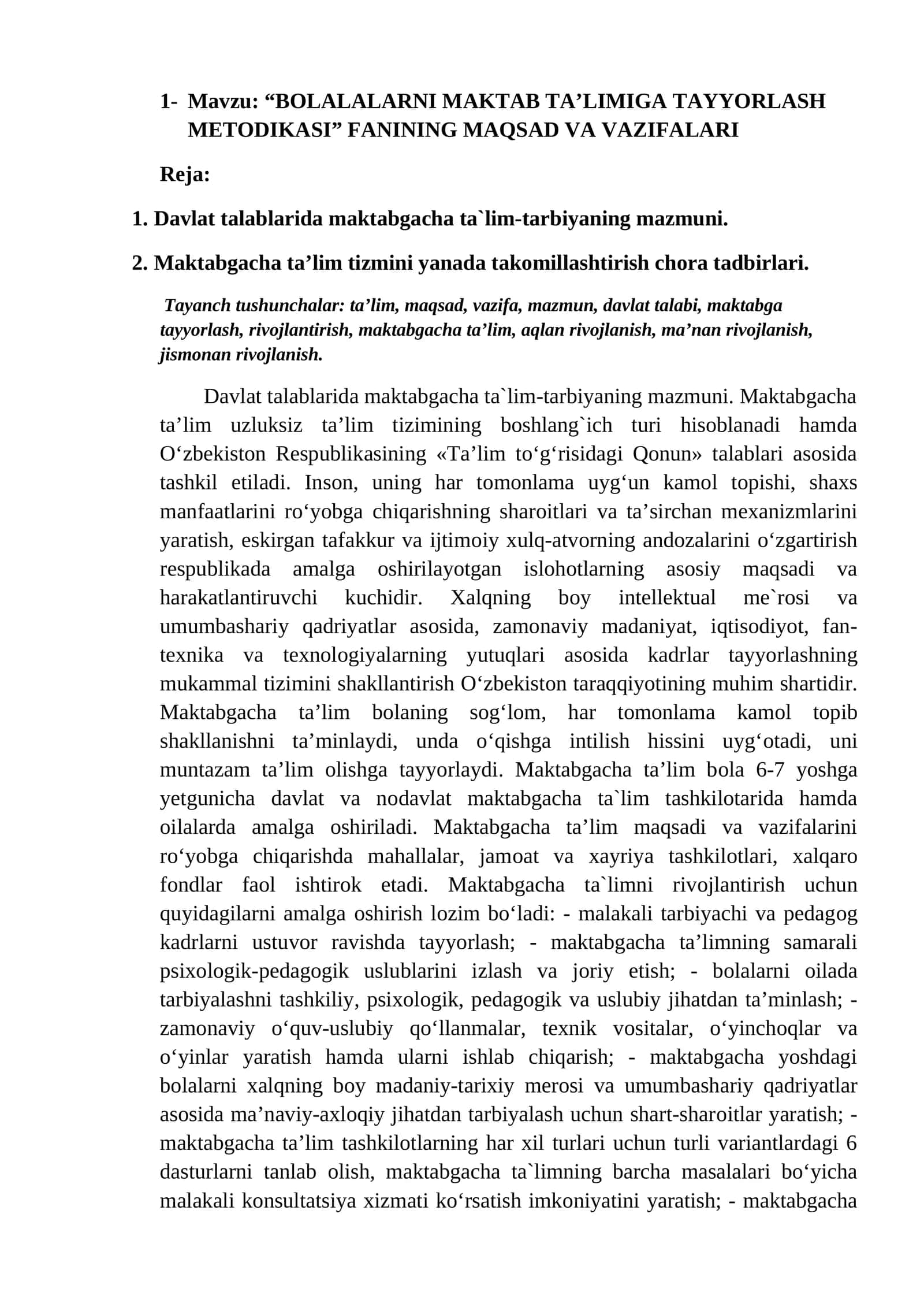 “BOLALALARNI MAKTAB TA’LIMIGA TAYYORLASH METODIKASI” FANINING MAQSAD VA VAZIFALARI 1