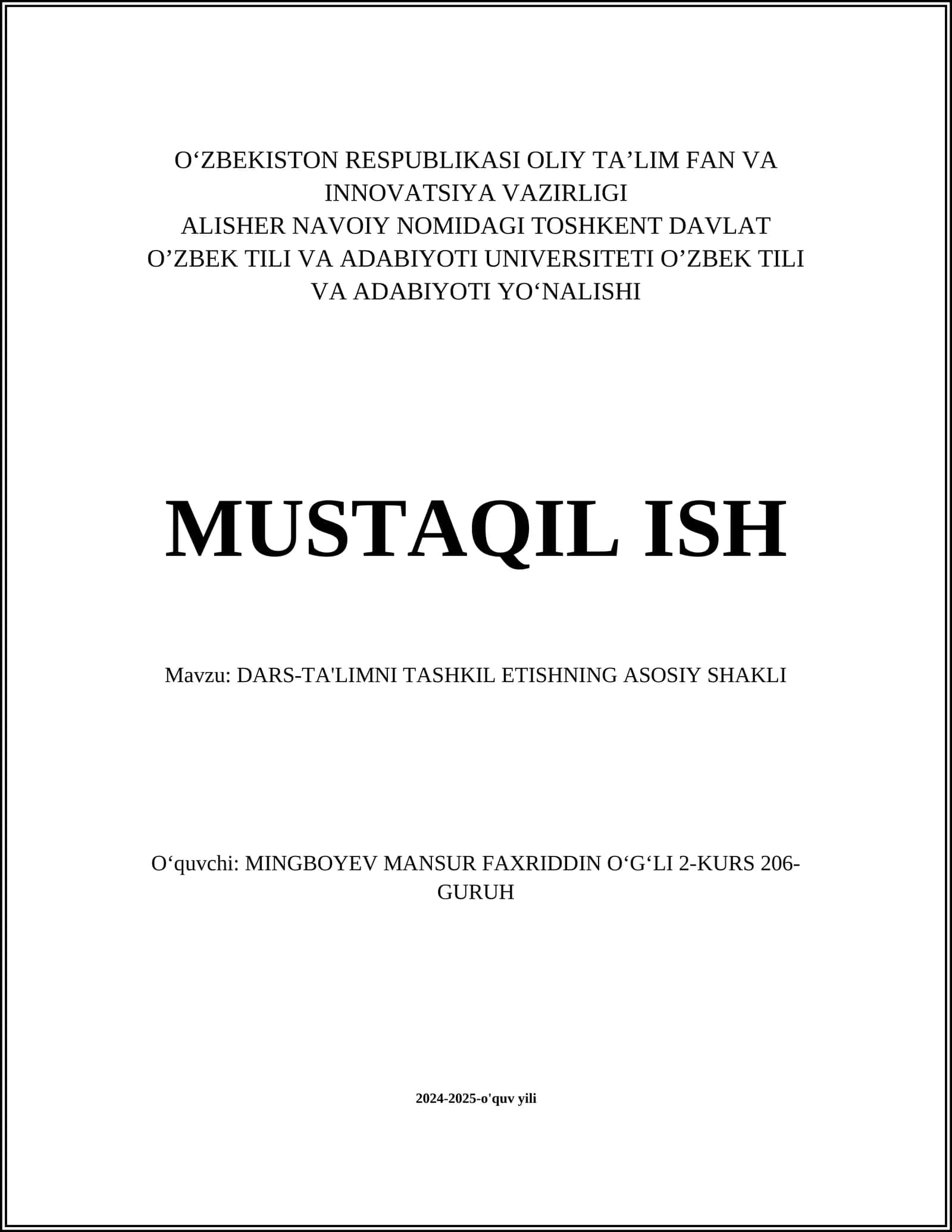 DARS-TA'LIMNI TASHKIL ETISHNING ASOSIY SHAKLI 1