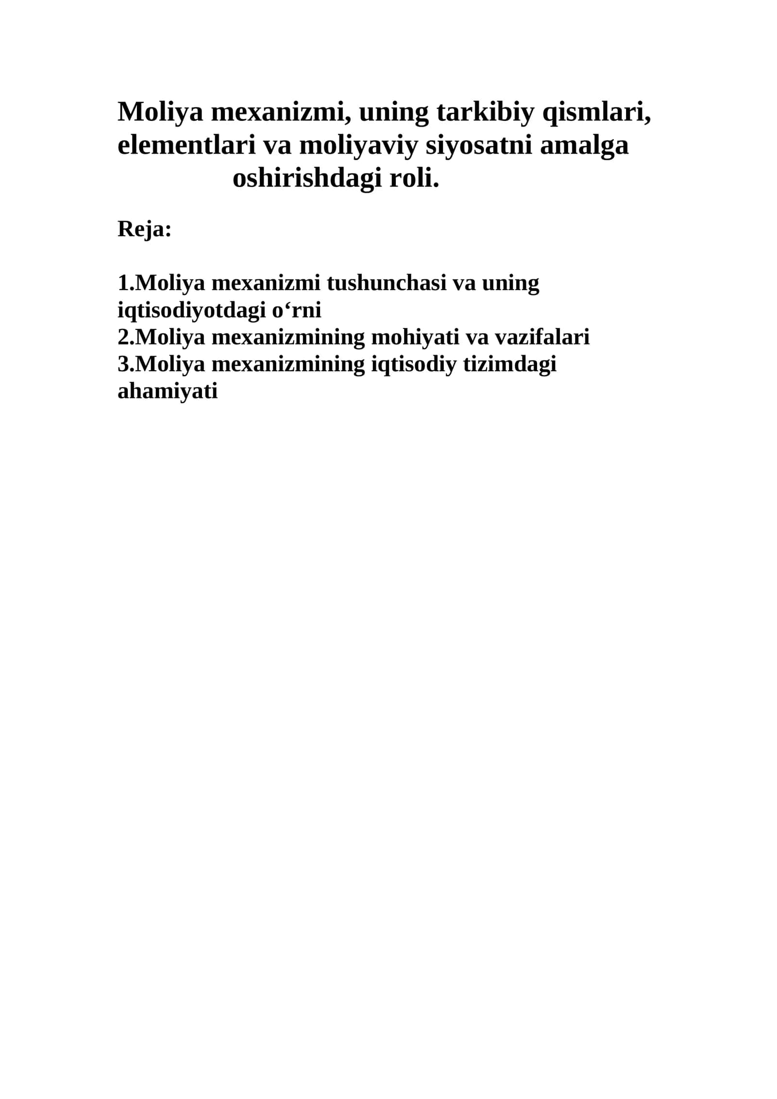 Moliya mexanizmi tushunchasi va uning iqtisodiyotdagi o‘rni 1