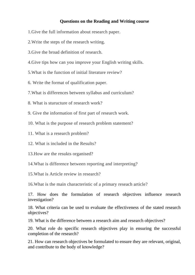 Questions on the Reading and Writing course 1