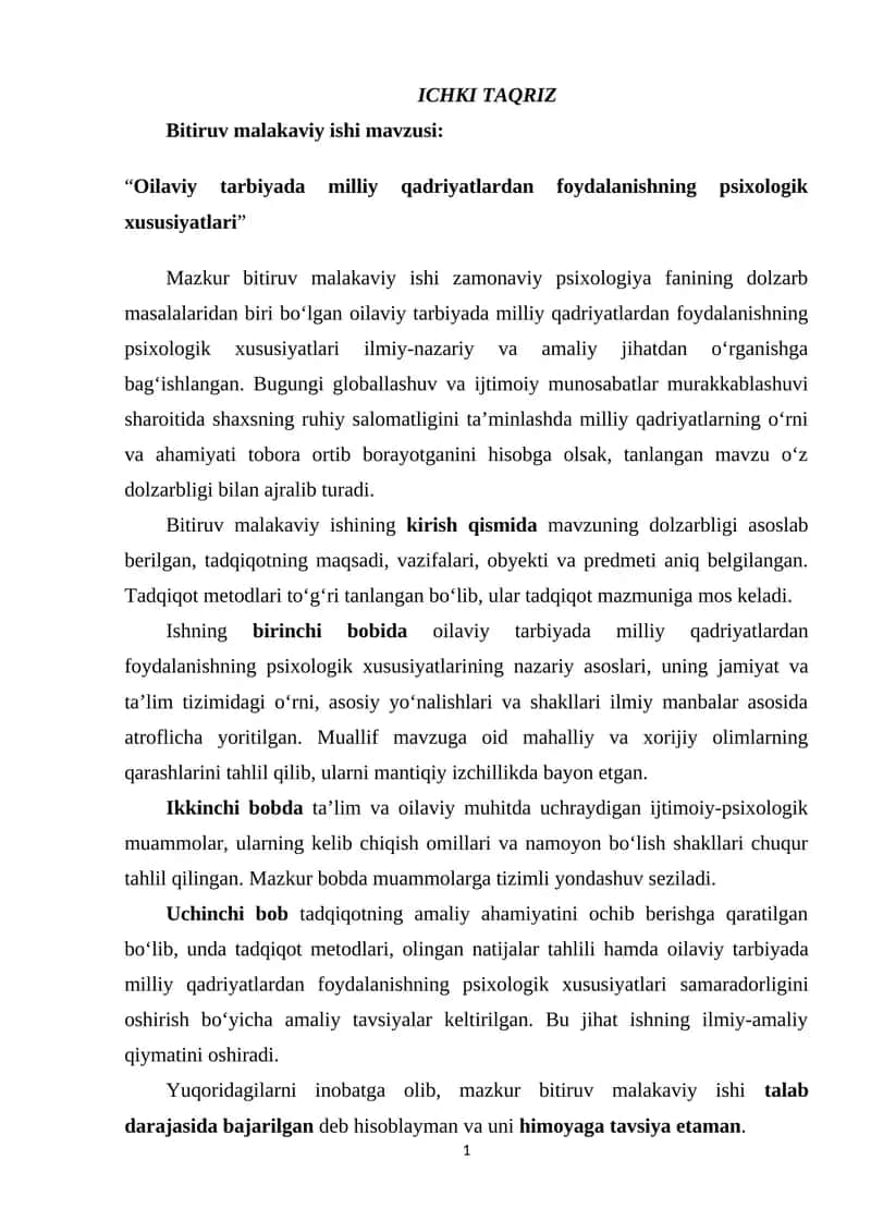 Oilaviy tarbiyada milliy qadriyatdan foydalanishning psixologik xususiyatlari 1