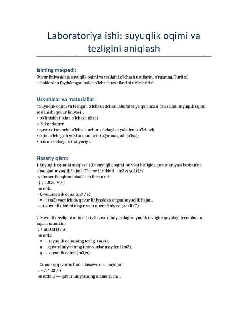 Laboratoriya ishi: suyuqlik oqimi va tezligini aniqlash 1