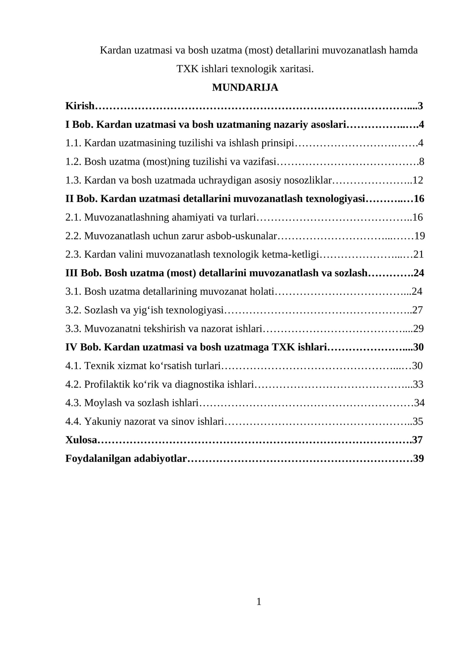 Kardan uzatmasi va bosh uzatma (most) detallarini muvozanatlash hamda TXK ishlari texnologik xaritasi 1