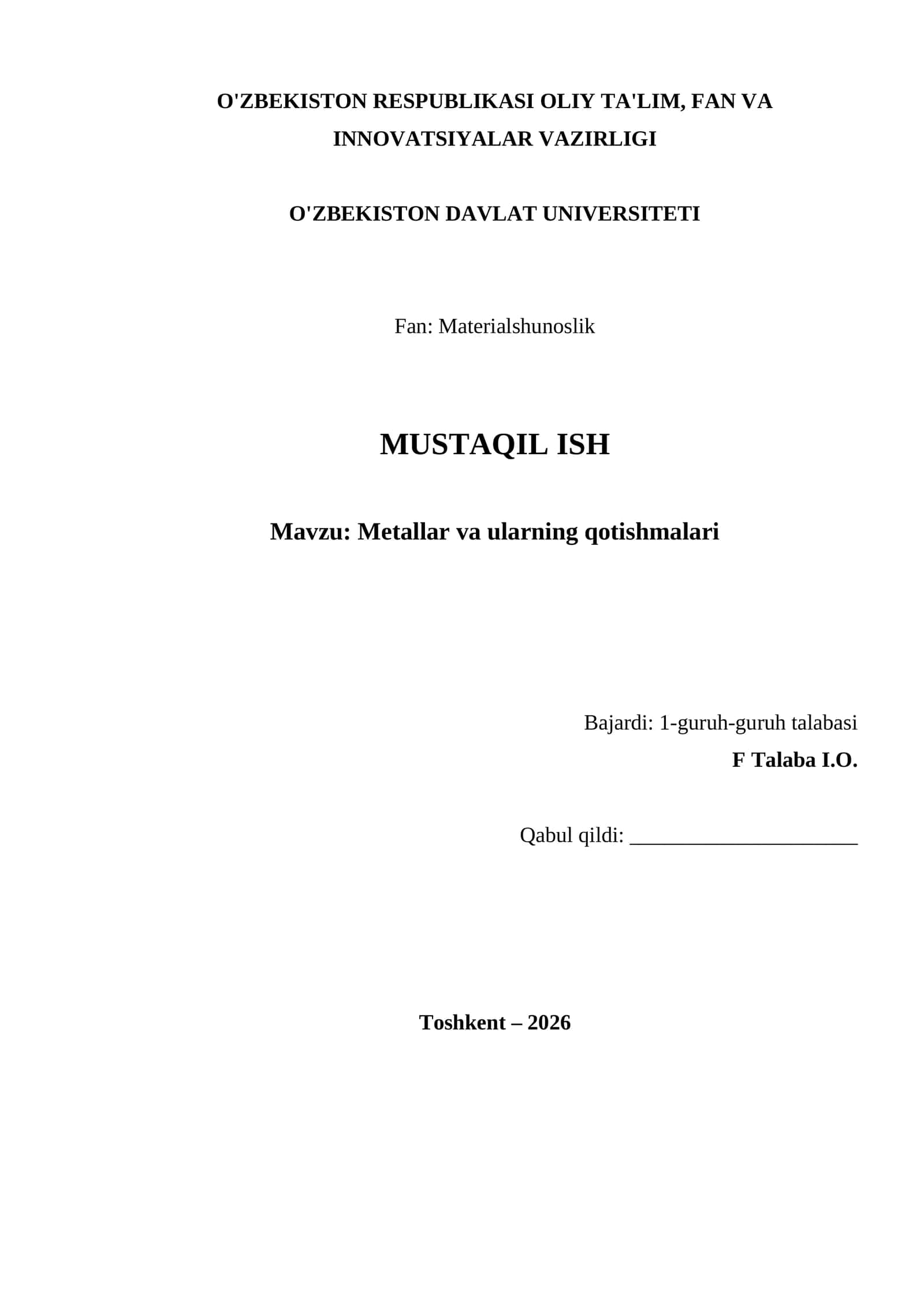 Metallar va ularning qotishmalari 1