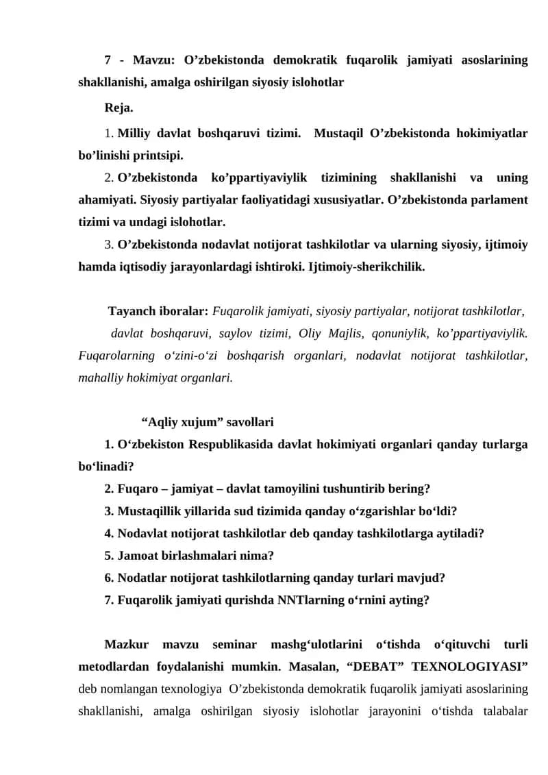 O’zbekistonda demokratik fuqarolik jamiyati asoslarining shakllanishi, amalga oshirilgan siyosiy islohotlar 1