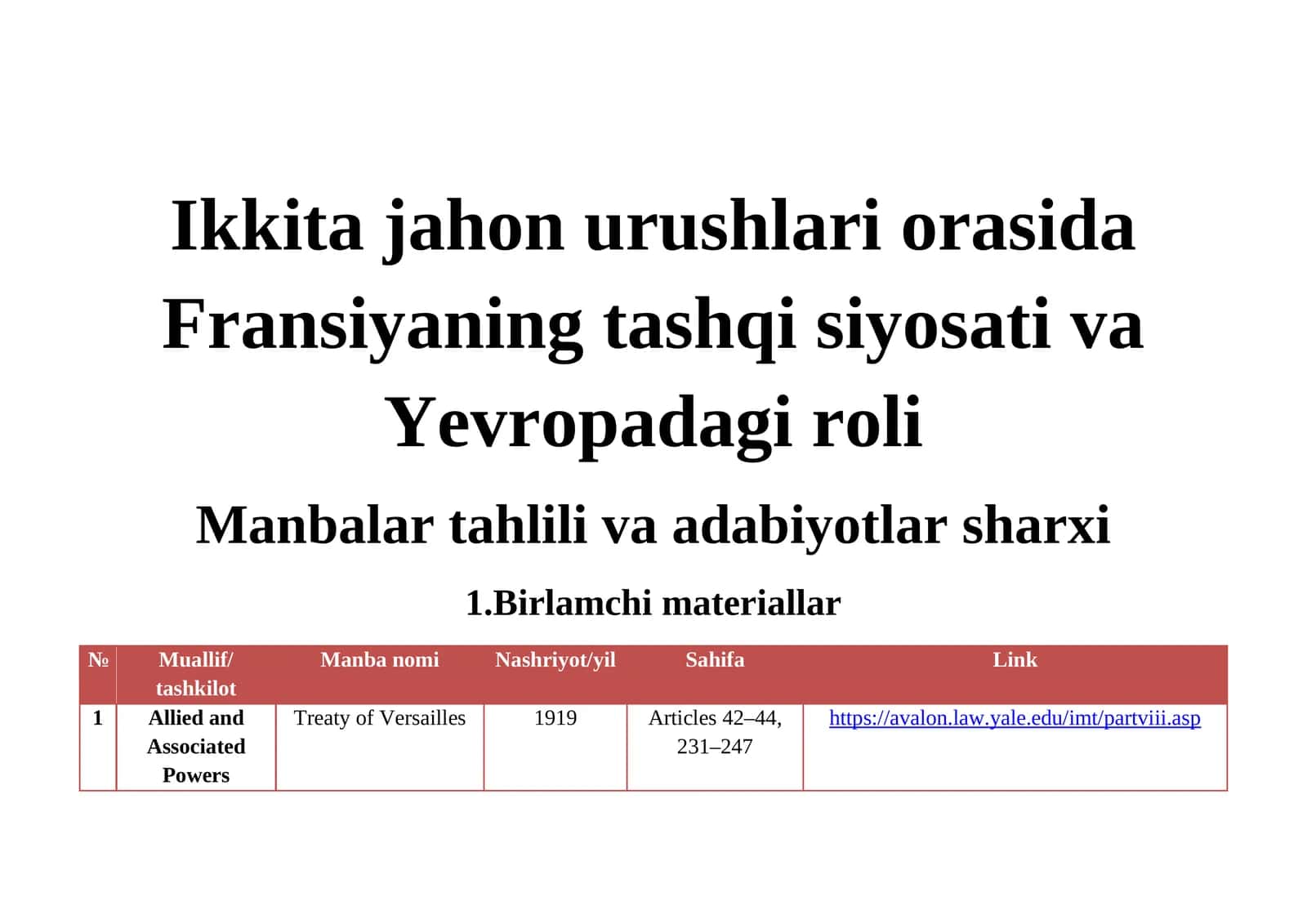 Manbalar tahlili va adabiyotlar sharxi 1