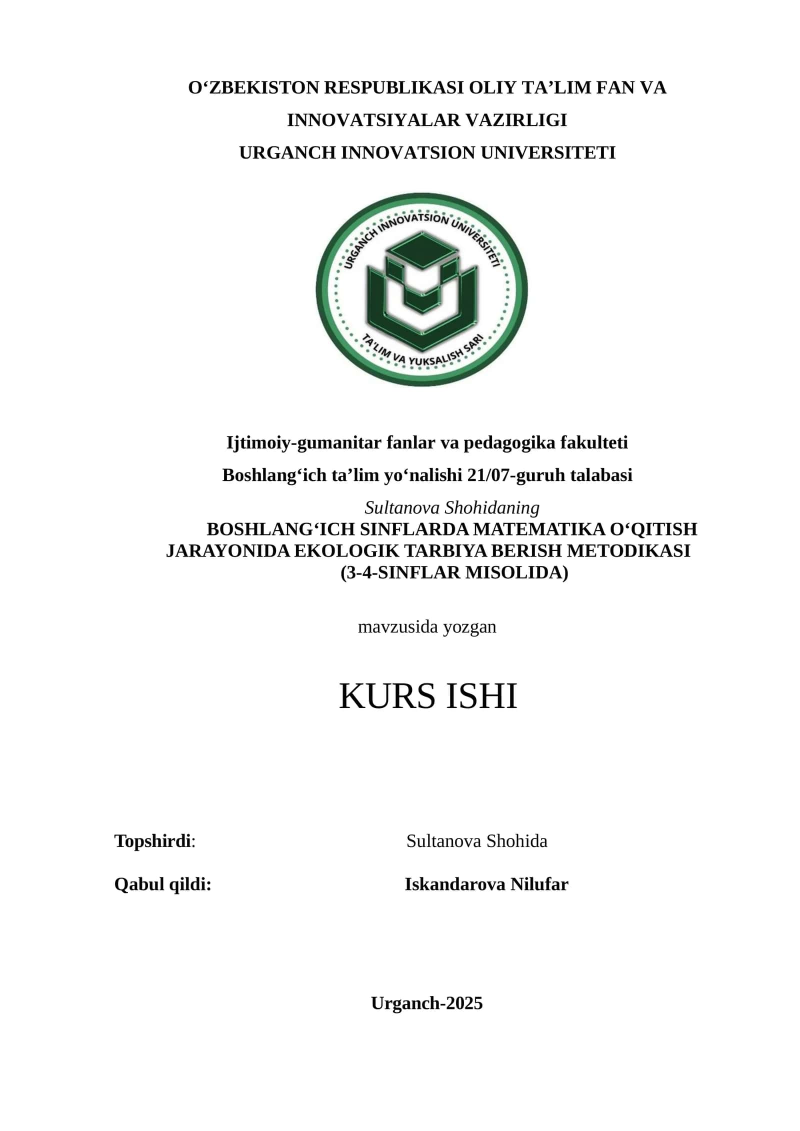 BOSHLANG‘ICH SINFLARDA MATEMATIKA O‘QITISH JARAYONIDA EKOLOGIK TARBIYA BERISH METODIKASI 1