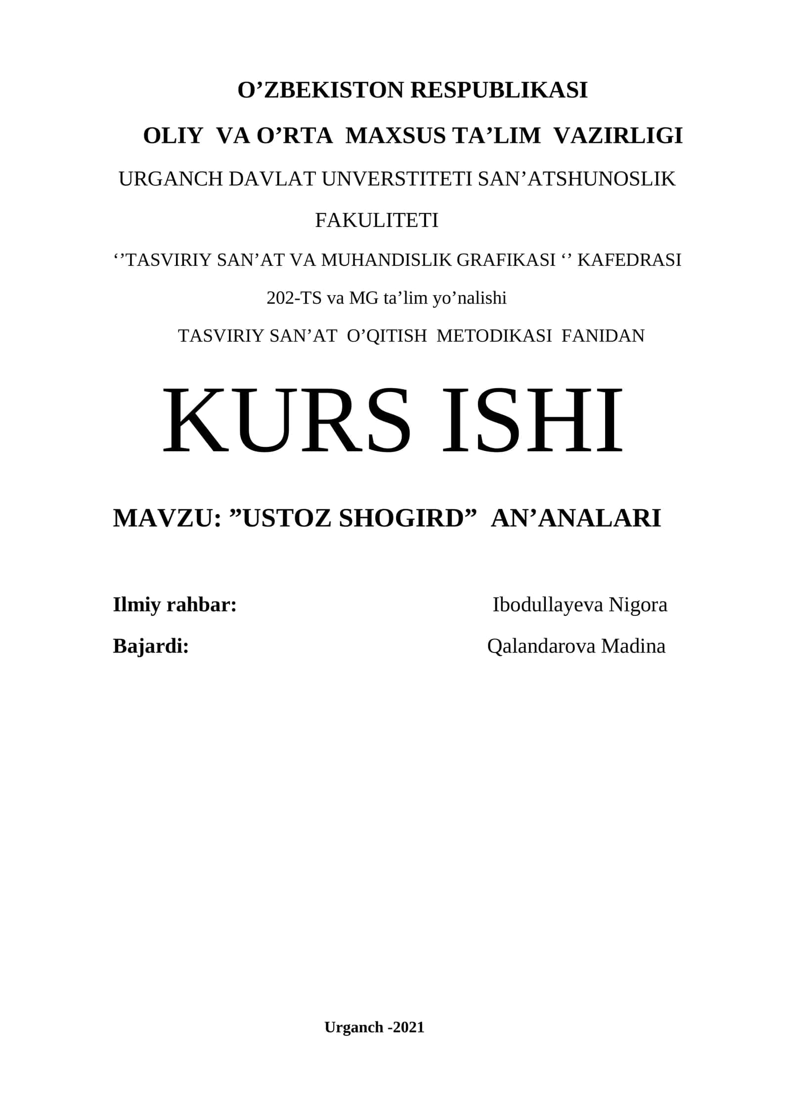TASVIRIY SAN’AT O’QITISH METODIKASI FANIDAN KURS ISHI 1