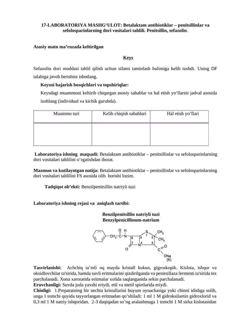 Betalaktam antibiotiklar – penitsillinlar va sefolosparinlarning dori vositalari tahlili 1