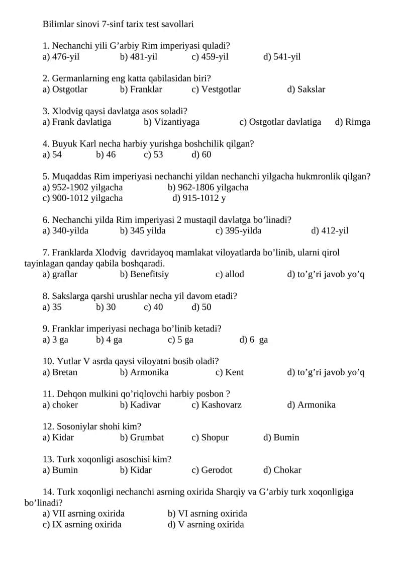 Bilimlar sinovi 7-sinf tarix test savollari 1