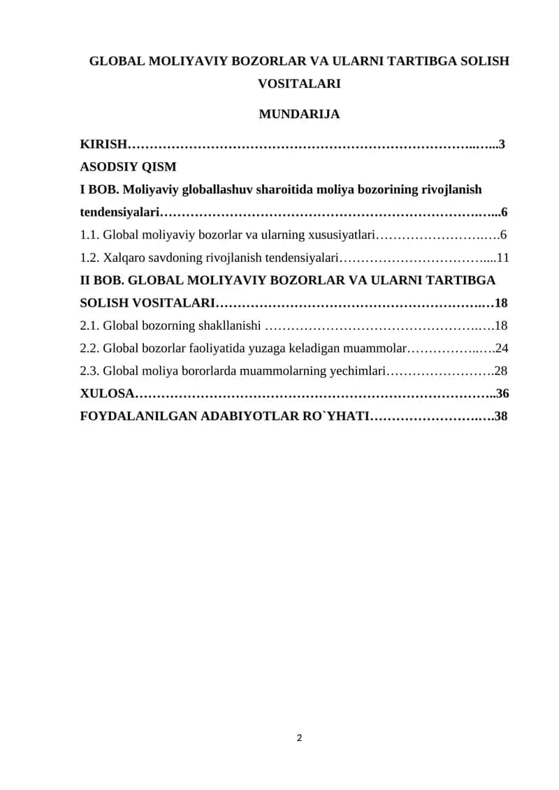 GLOBAL MOLIYAVIY BOZORLAR VA ULARNI TARTIBGA SOLISH VOSITALARI 1