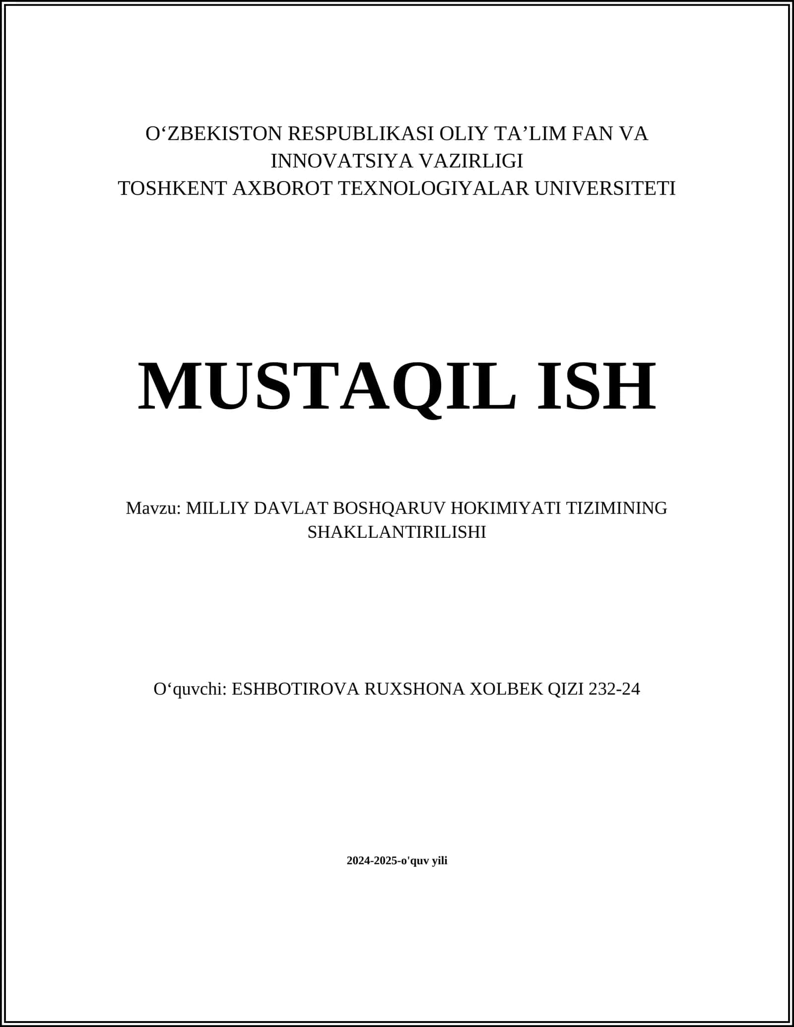 MILLIY DAVLAT BOSHQARUV HOKIMIYATI TIZIMINING SHAKLLANTIRILISHI 1