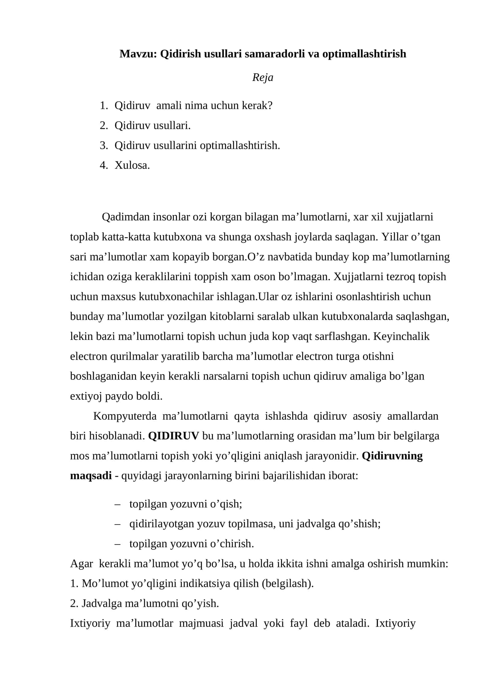 Qidirish usullari samaradorli va optimallashtirish 1