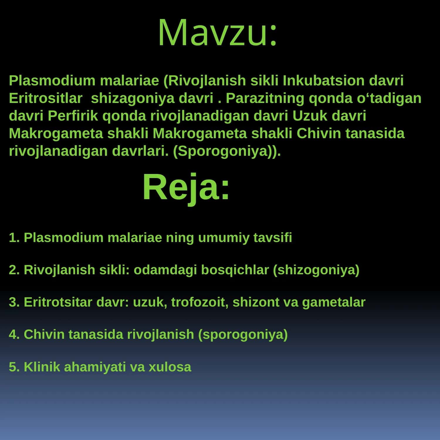Plasmodium malariae (Rivojlanish sikli Inkubatsion davri Eritrositlar shizagoniya davri. Parazitning qonda oʻtadigan davri Perfirik qonda rivojlanadigan davri Uzuk davri Makrogameta shakli Makrogameta shakli Chivin tanasida rivojlanadigan davrlari. (Sporogoniya)) 1
