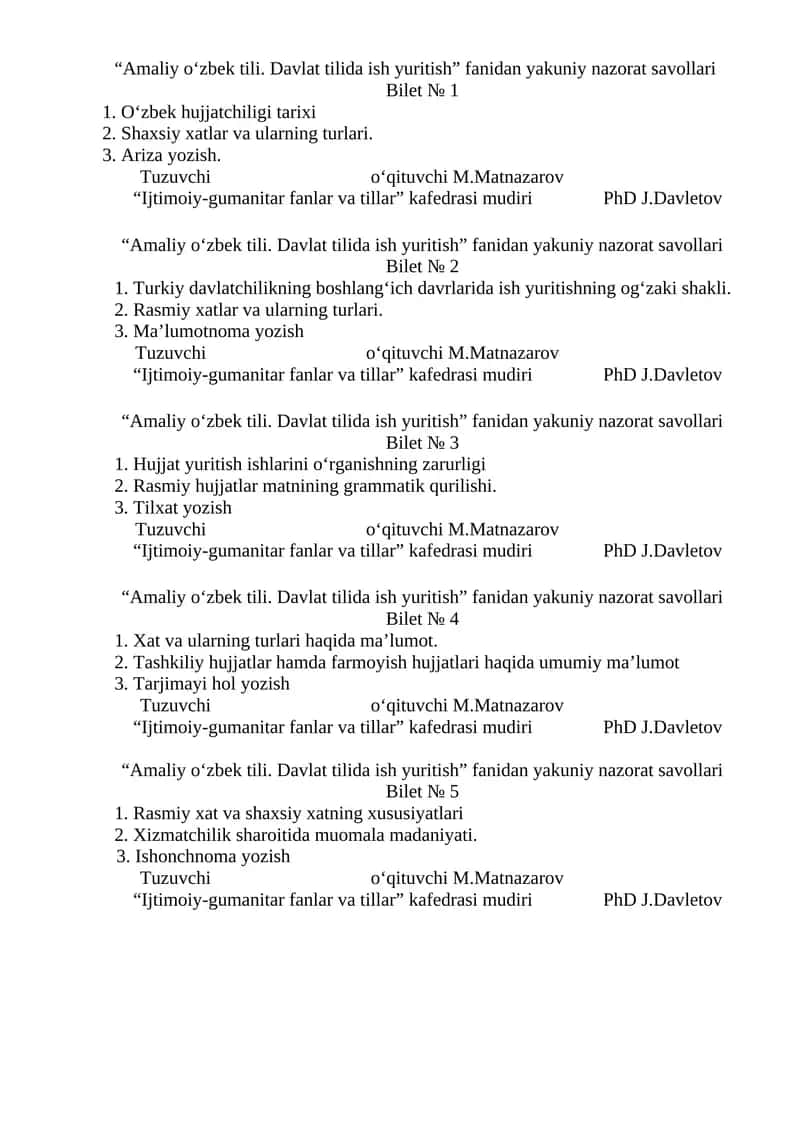 Amaliy o‘zbek tili. Davlat tilida ish yuritish 1