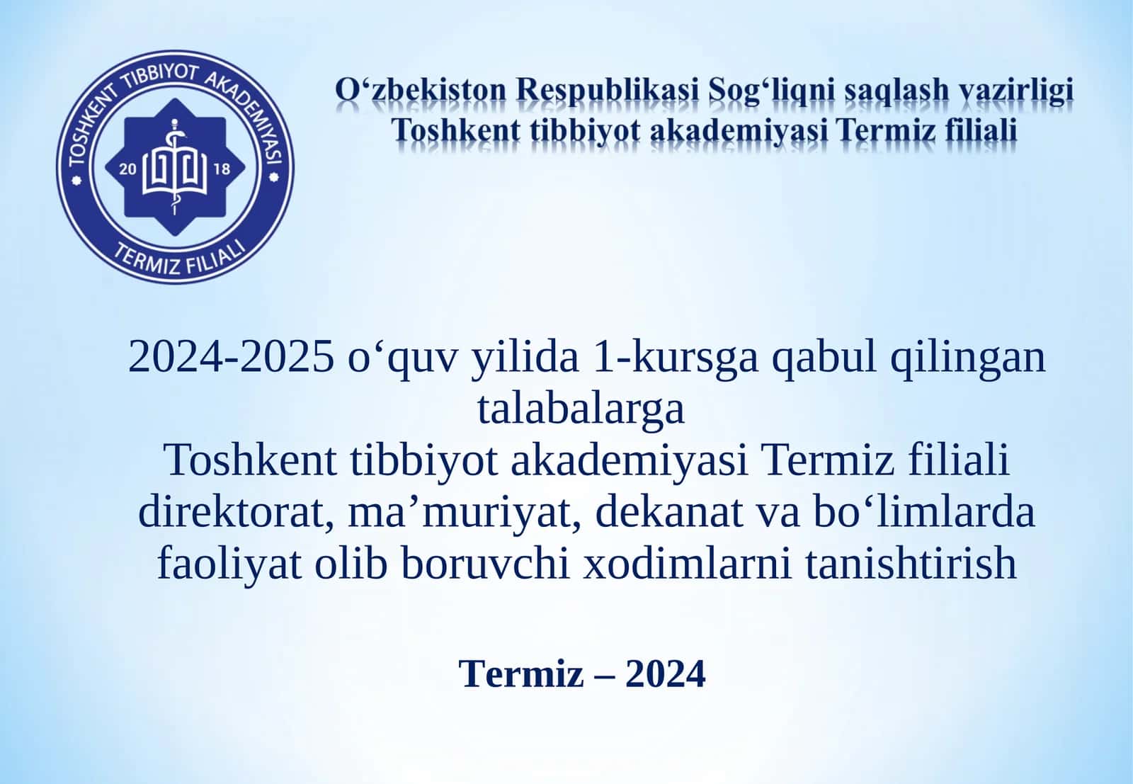 Toshkent tibbiyot akademiyasi Termiz filiali direktorat, ma’muriyat, dekanat va bo‘limlarda faoliyat olib boruvchi xodimlarni tanishtirish 1