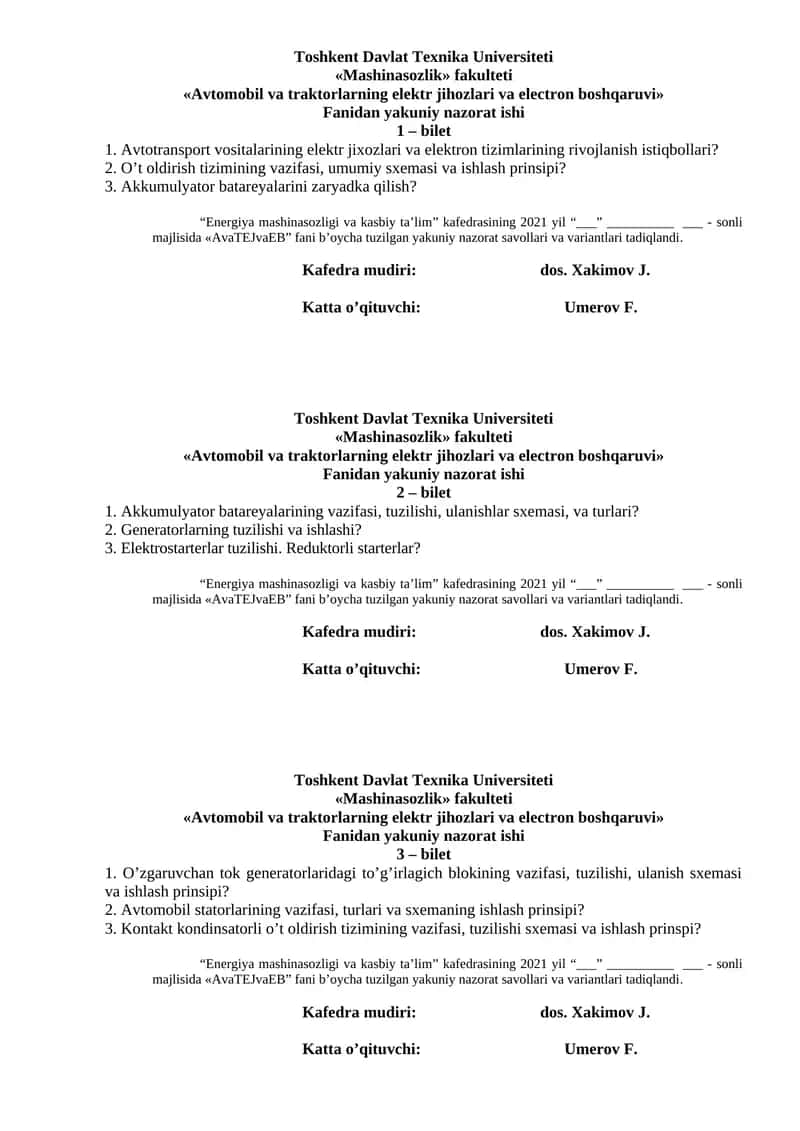 Avtomobil va traktorlarning elektr jihozlari va electron boshqaruvi 1