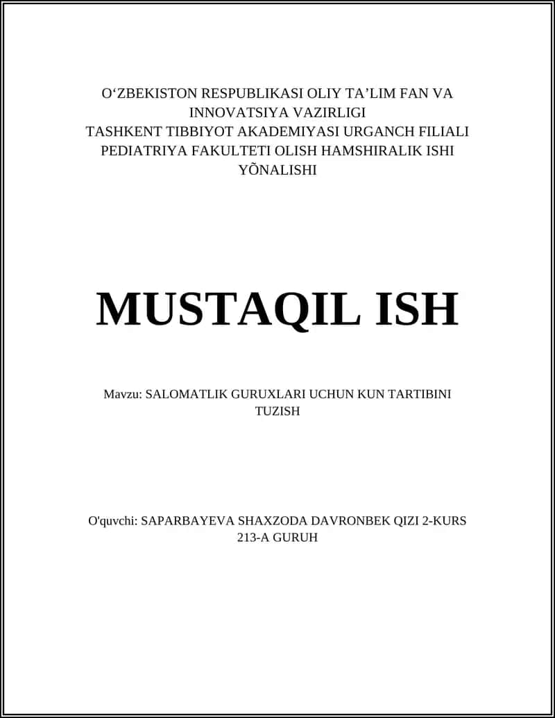 SALOMATLIK GURUXLARI UCHUN KUN TARTIBINI TUZISH 1
