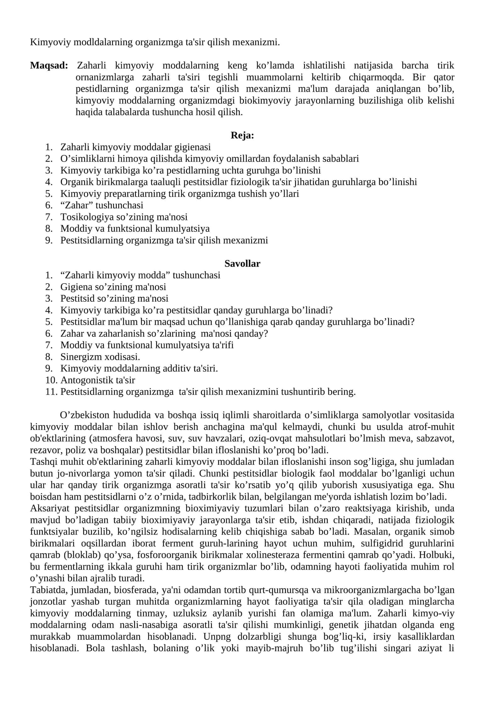 Kimyoviy modldalarning organizmga ta'sir qilish mеxanizmi 1