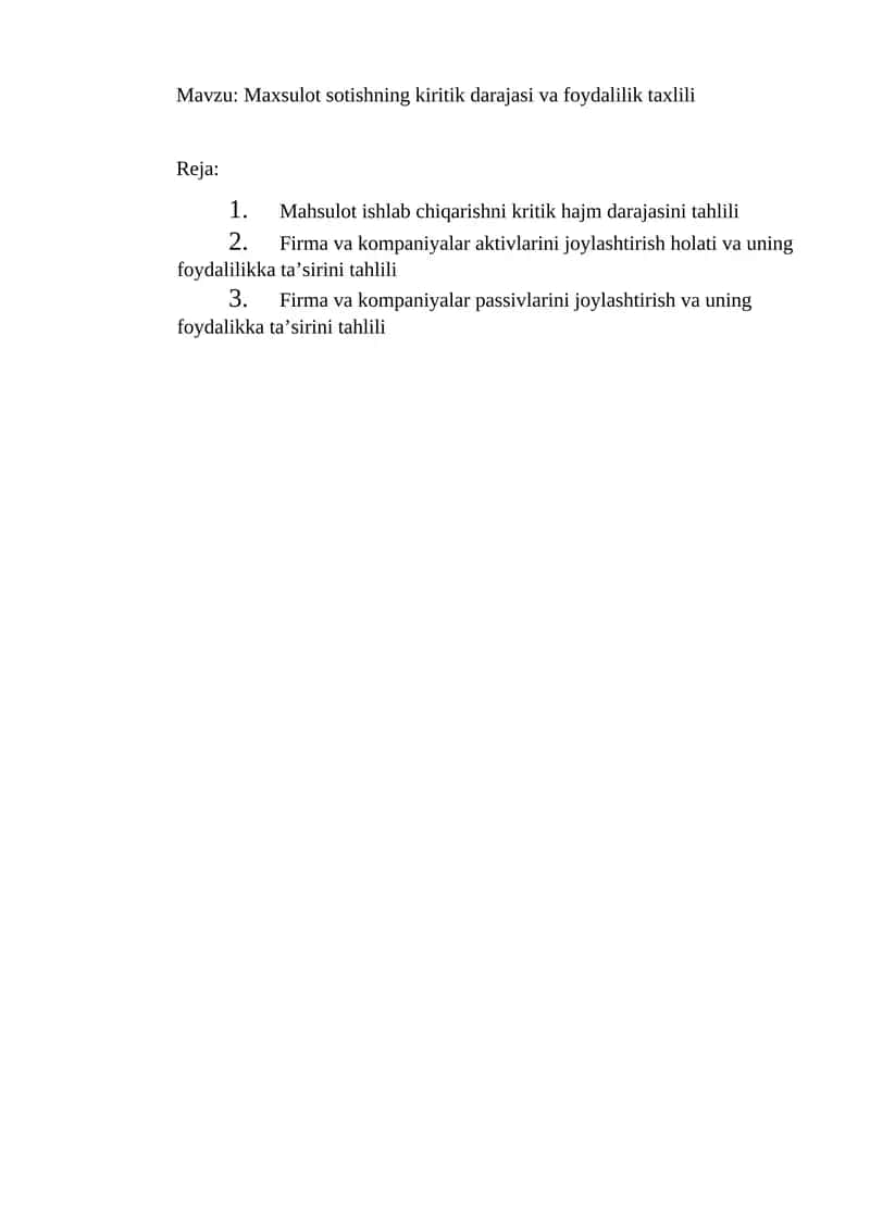 Mahsulot ishlab chiqarishni kritik hajm darajasini tahlili 1