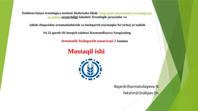 Avtomatik rostlash sistemalariga qo‘yiladigan talablar 1