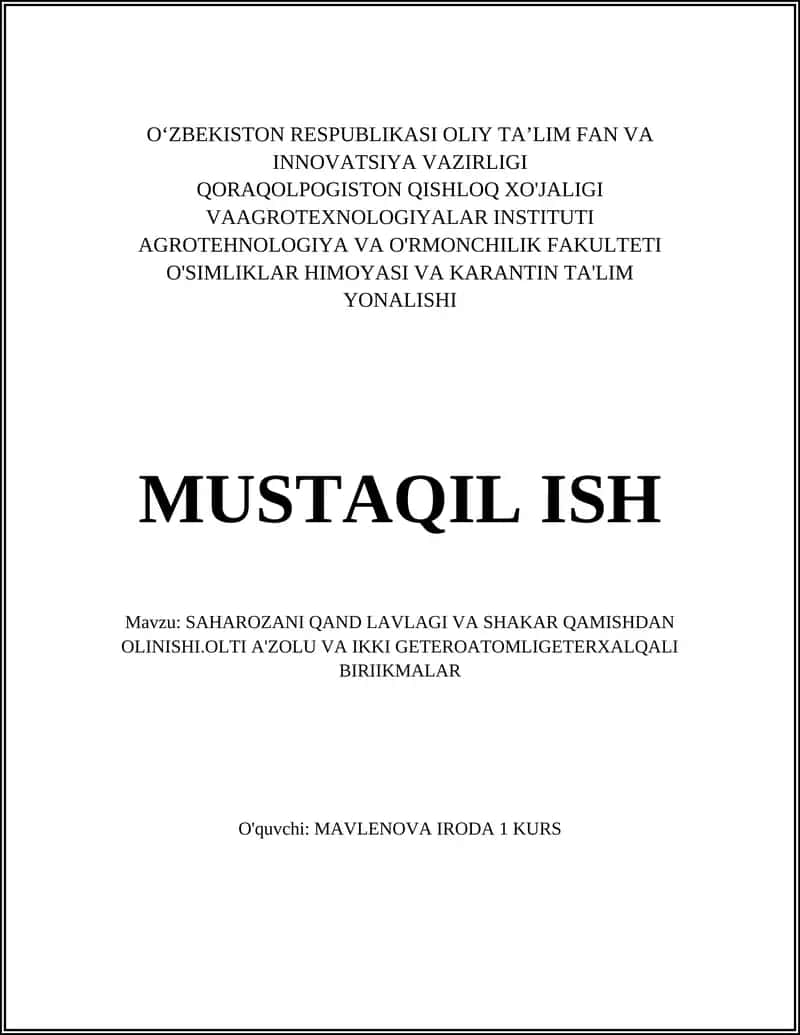 SAHAROZANI QAND LAVLAGI VA SHAKAR QAMISHDAN OLINISHI 1