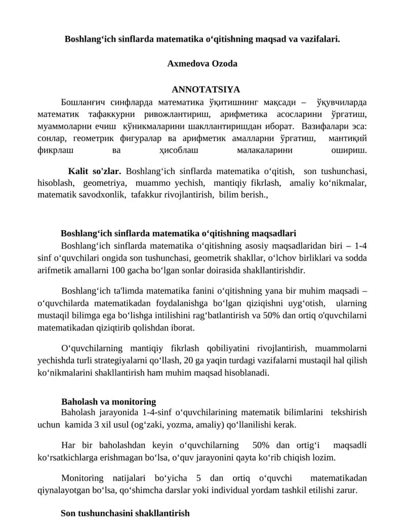 Boshlangʻich sinflarda matematika oʻqitishning maqsad va vazifalari 1