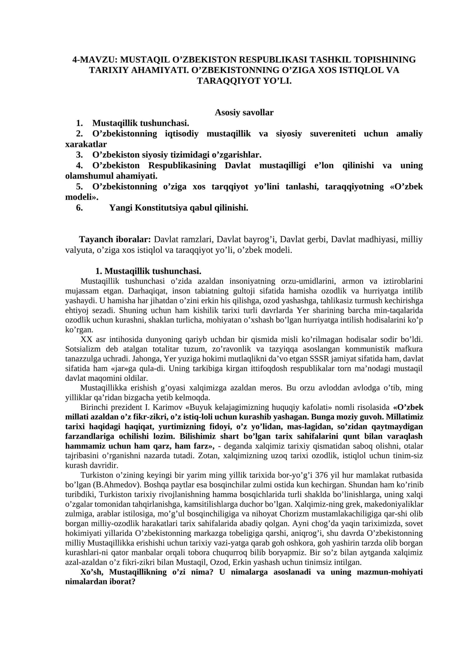 MUSTAQIL O’ZBEKISTON RESPUBLIKASI TASHKIL TOPISHINING TARIXIY AHAMIYATI 1
