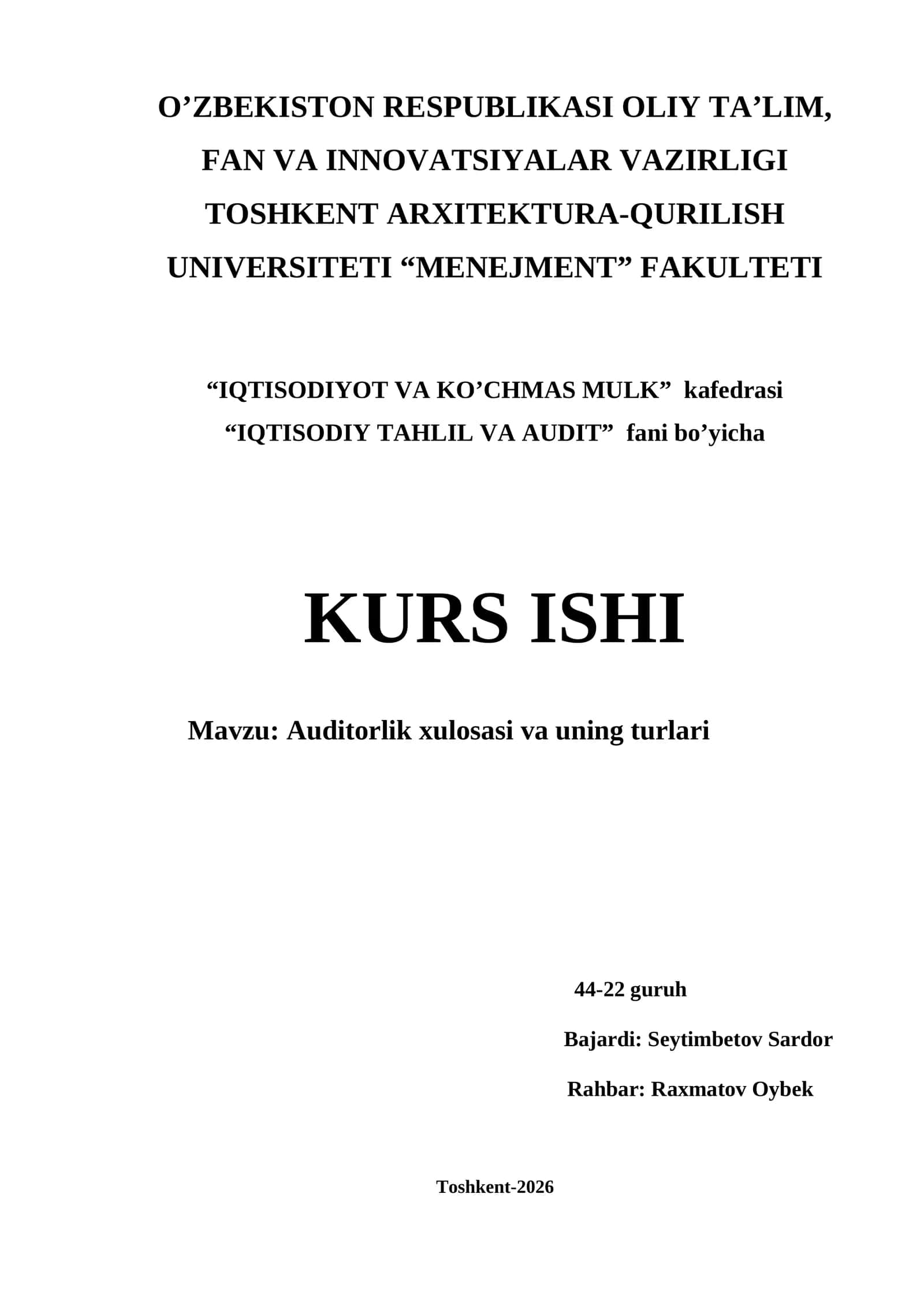 Auditorlik xulosasi va uning turlari 1