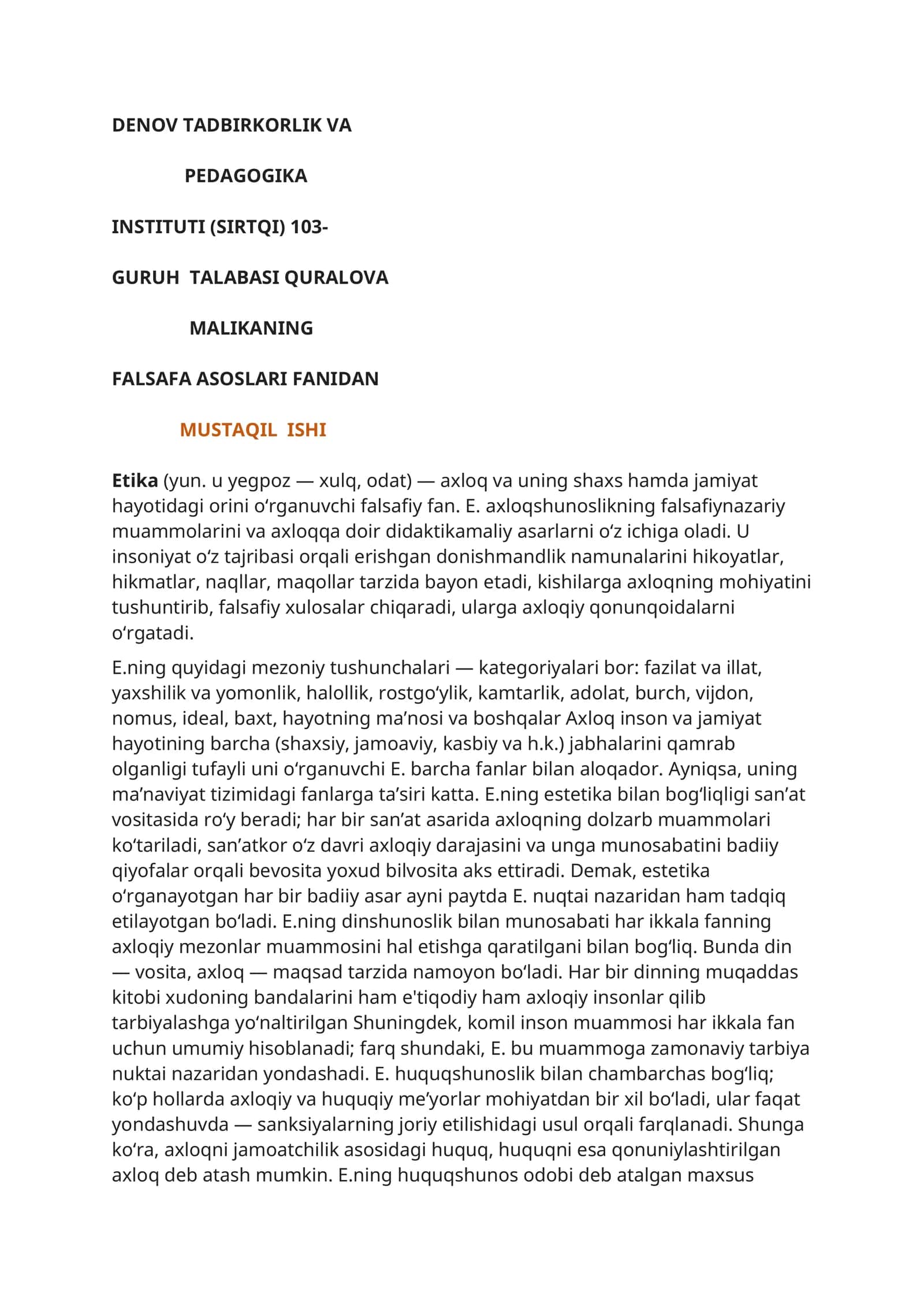 FALSAFA ASOSLARI FANIDAN MUSTAQIL ISHI 1