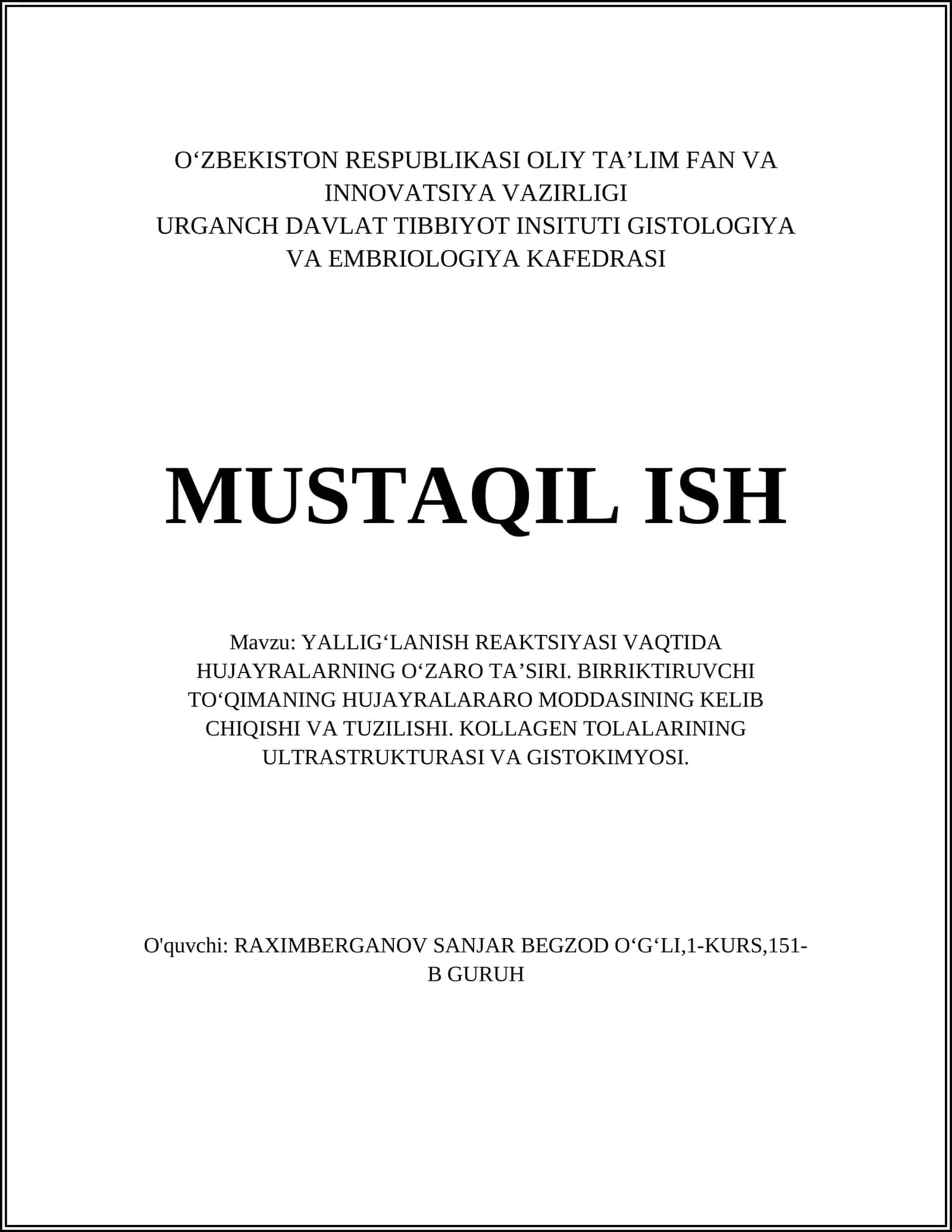 YALLIG‘LANISH REAKTSIYASI VAQTIDA HUJAYRALARNING O‘ZARO TA’SIRI 1
