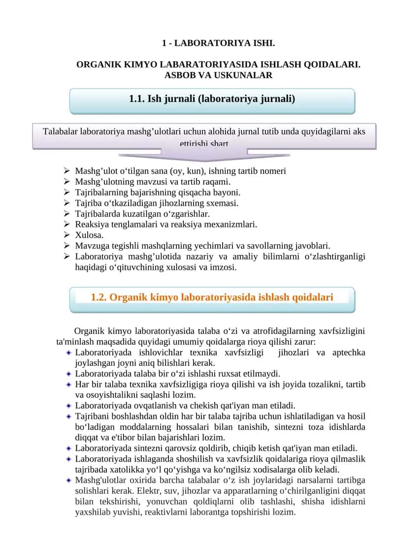 ORGANIK KIMYО LABARATORIYАSIDA ISHLASH QOIDALARI. ASBOB VA USKUNALAR 1