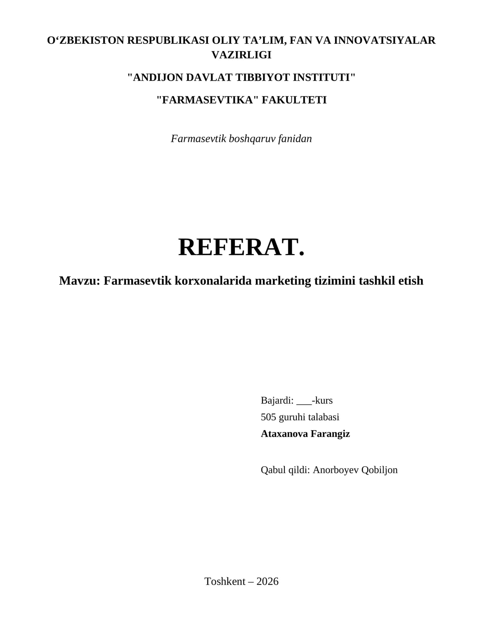 Farmasevtik korxonalarida marketing tizimini tashkil etish 1