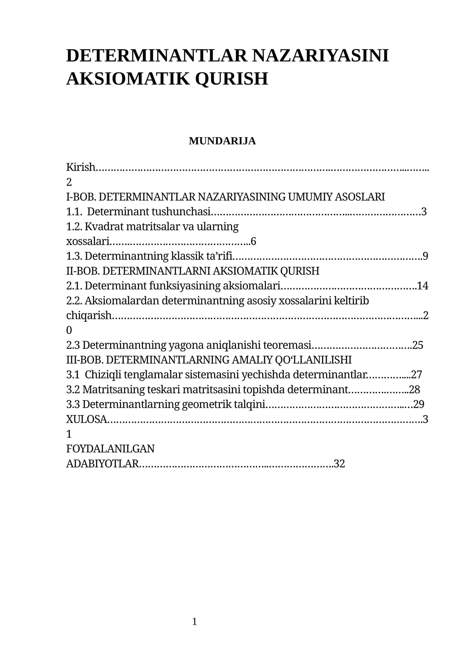 DETERMINANTLAR NAZARIYASINI AKSIOMATIK QURISH 1