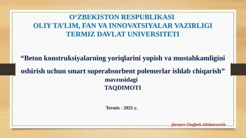 Betonkonstruksiyalarning yoriqlarini yopish uchun smart superabsorbent polemerlar ishlab chiqarish 1