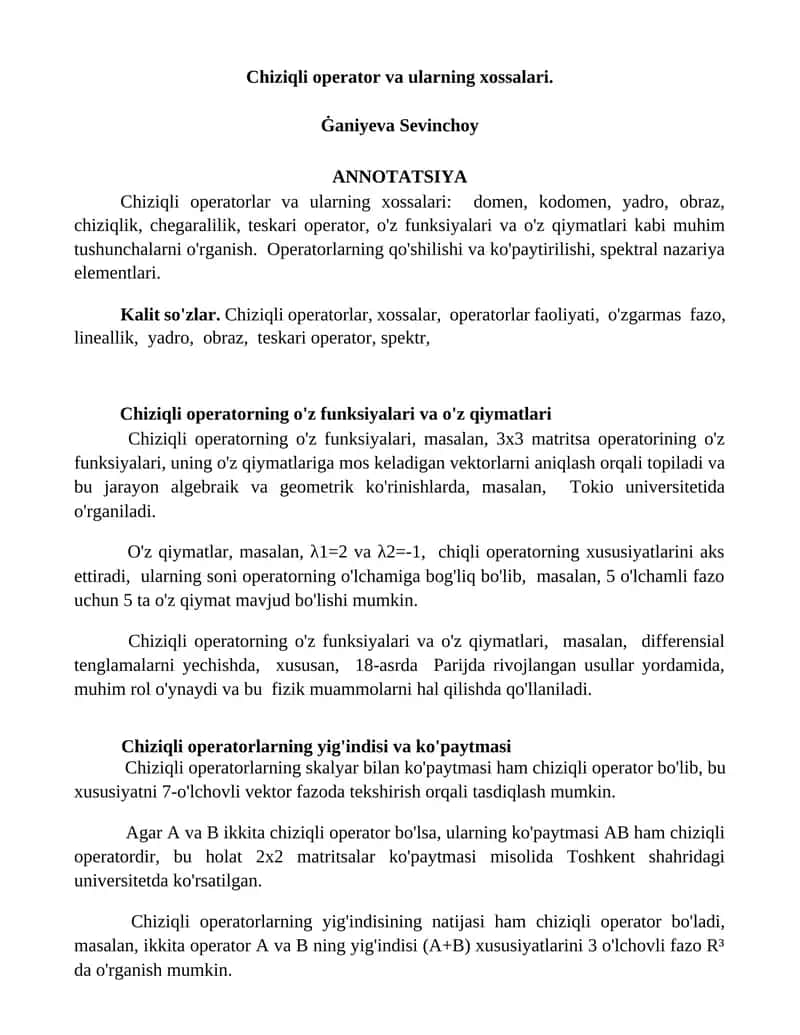 Chiziqli operator va ularning xossalari 1