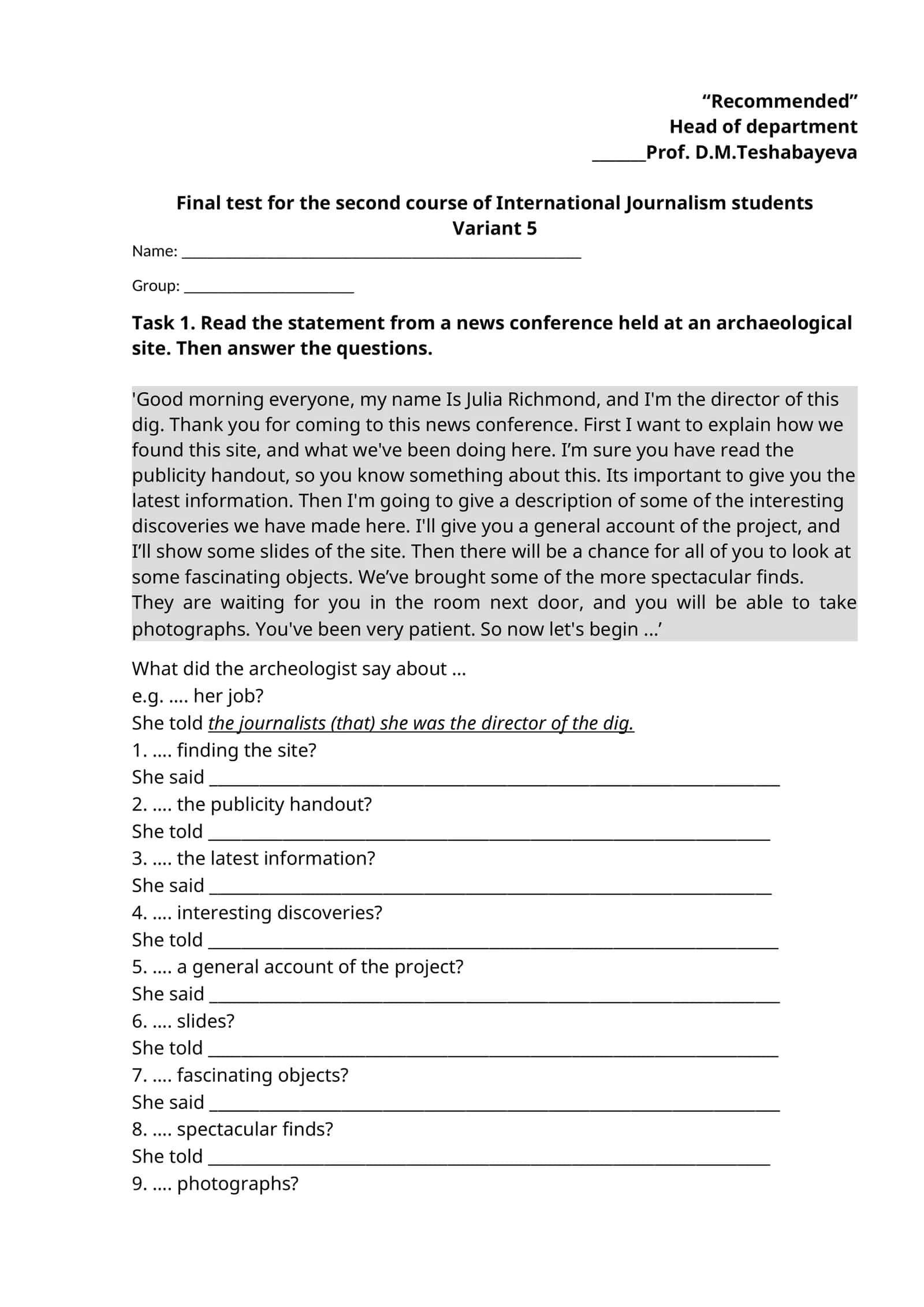 Final test for the second course of International Journalism students 1