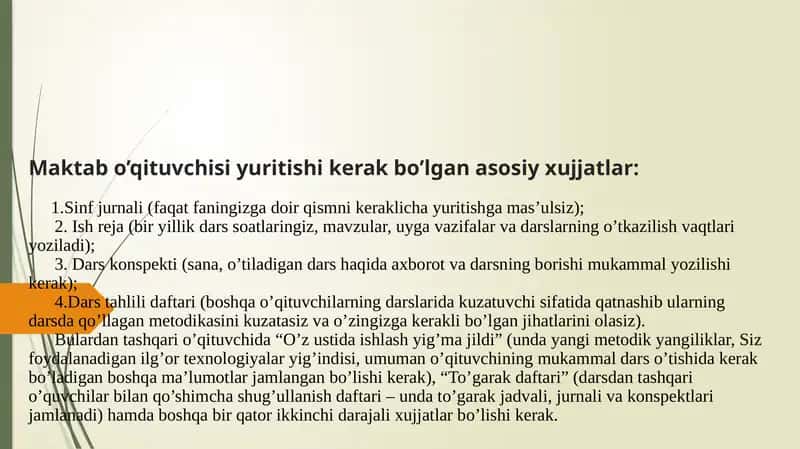 Maktab o’qituvchisi yuritishi kerak bo’lgan asosiy xujjatlar 1