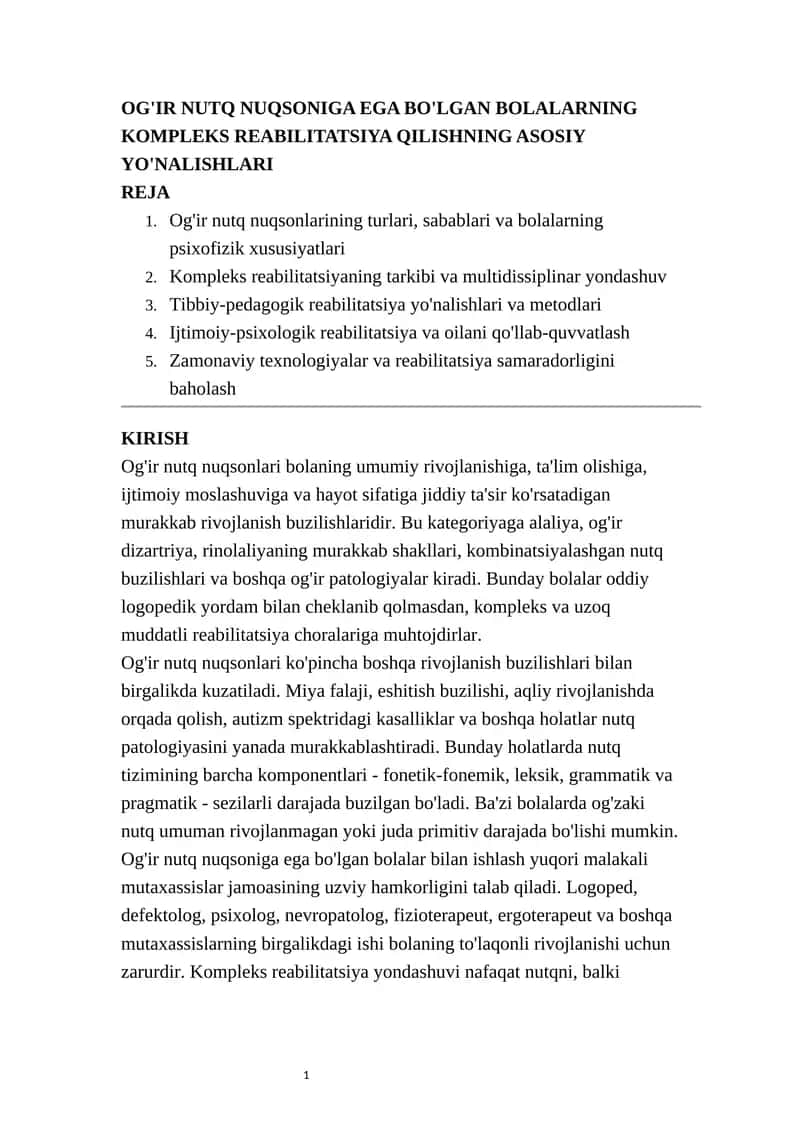 OG'IR NUTQ NUQSONIGA EGA BO'LGAN BOLALARNING KOMPLEKS REABILITATSIYA QILISHNING ASOSIY YO'NALISHLARI 1