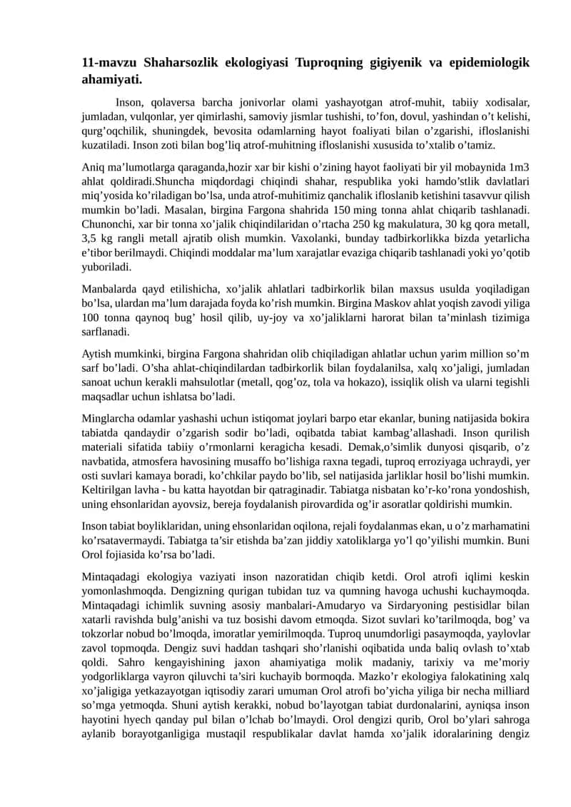 Shaharsozlik ekologiyasi Tuproqning gigiyenik va epidemiologik ahamiyati 1