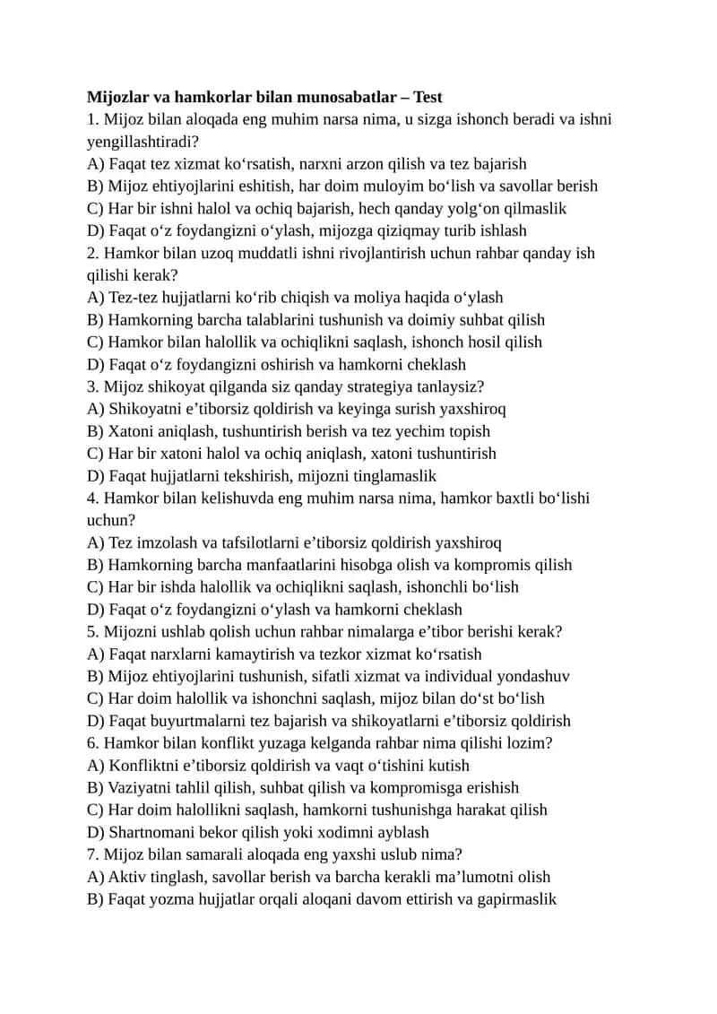 Mijozlar va hamkorlar bilan munosabatlar – Test 1