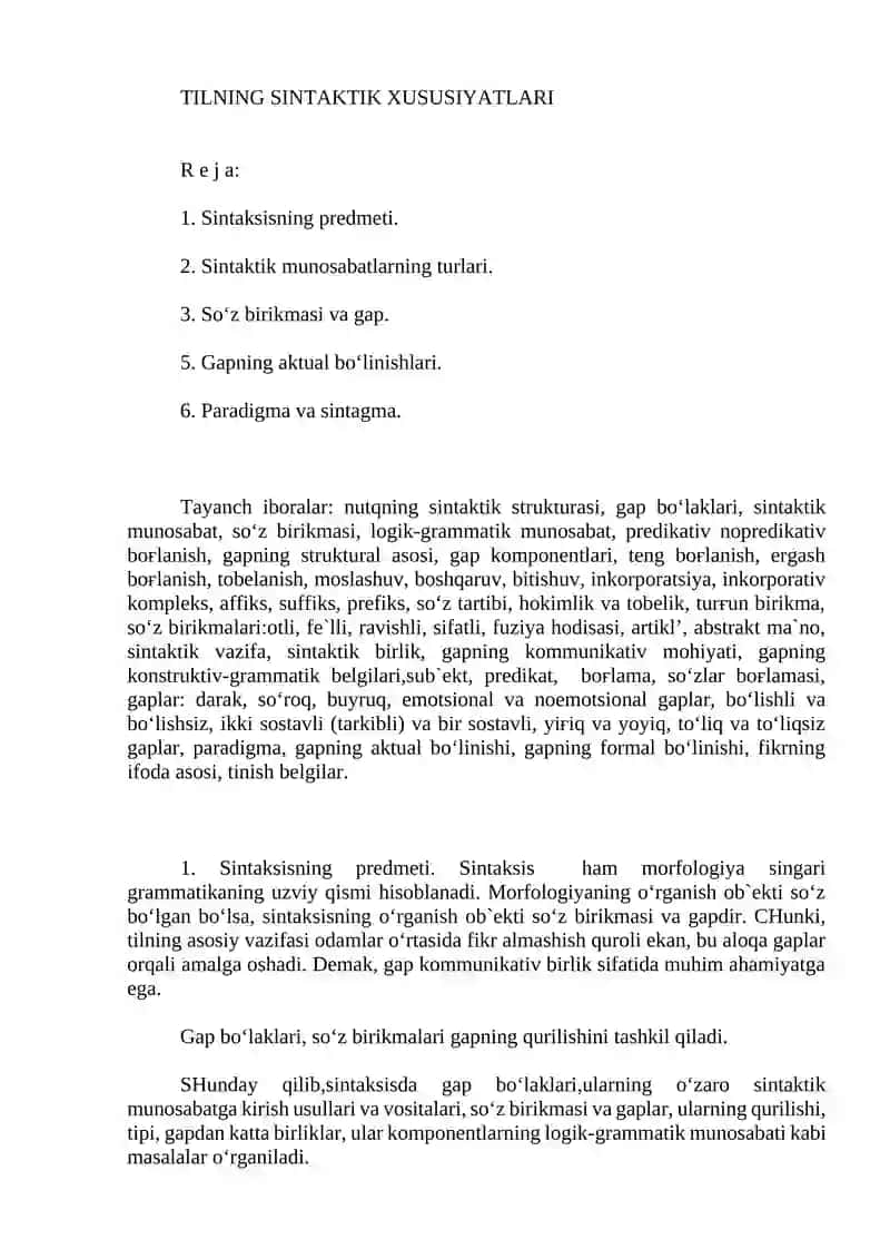 TILNING SINTAKTIK XUSUSIYATLARI
