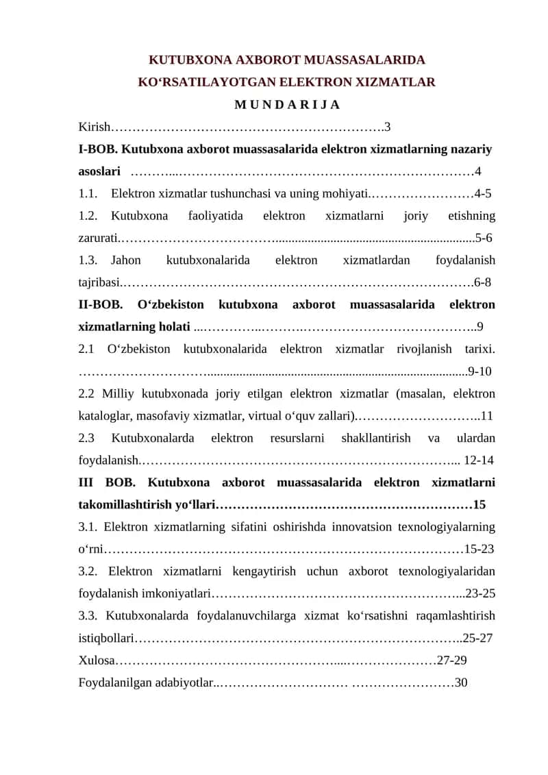 KUTUBXONA AXBOROT MUASSASALARIDA KO‘RSATILAYOTGAN ELEKTRON XIZMATLAR 1